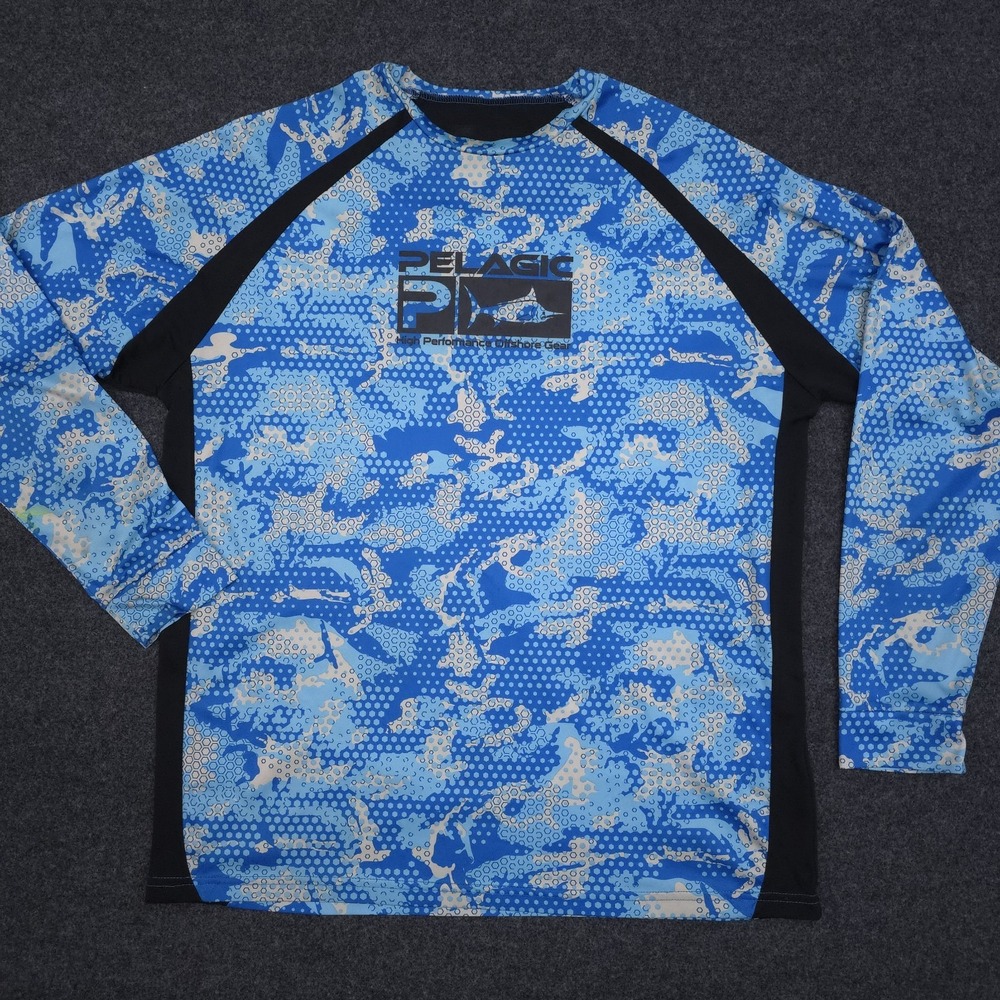 Pelagic Mens Large Blue Fishing Shirt Logo Outdoor Long Sleeve‎ VaporTek
